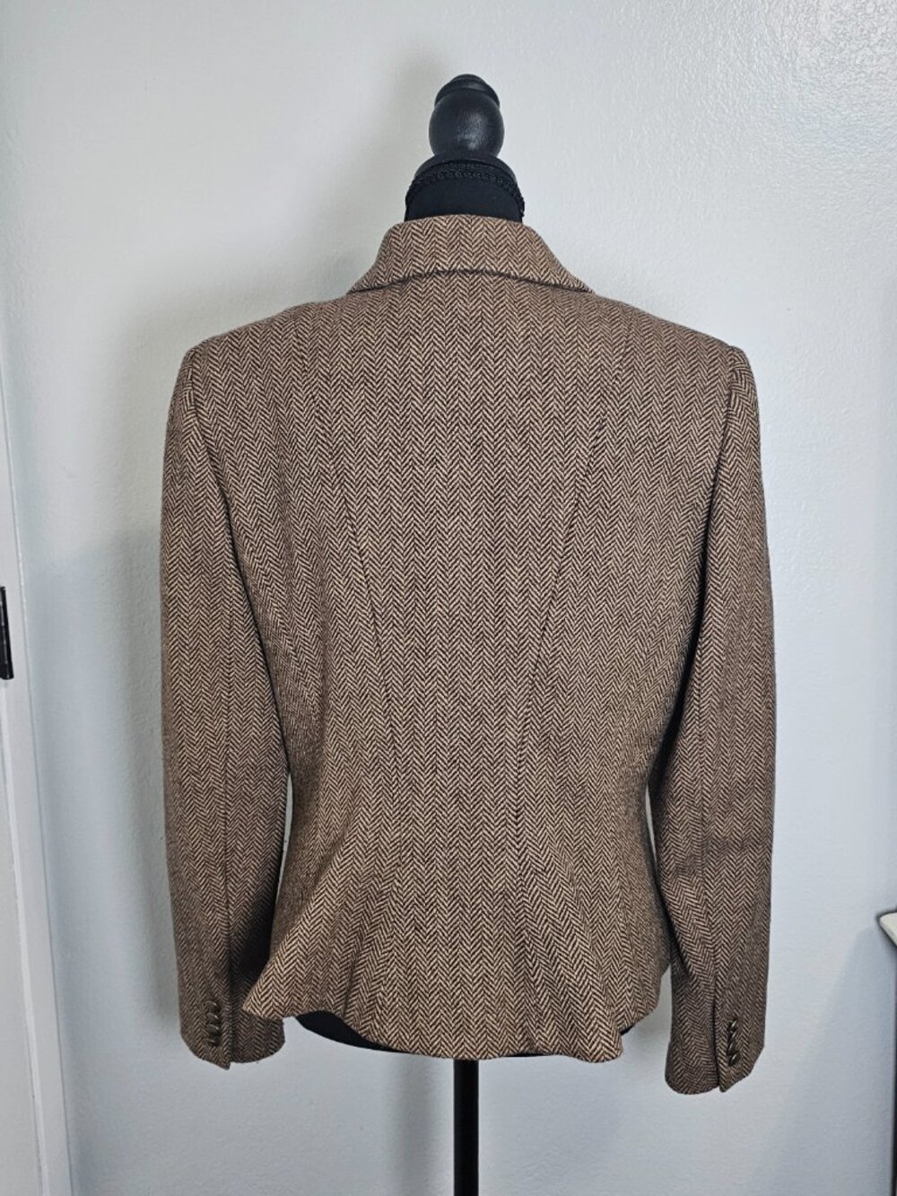 Chaps Womens Herringbone Brown/Khaki Blazer Wool Blend Bronze Buttons Size Large - Picture 4 of 9